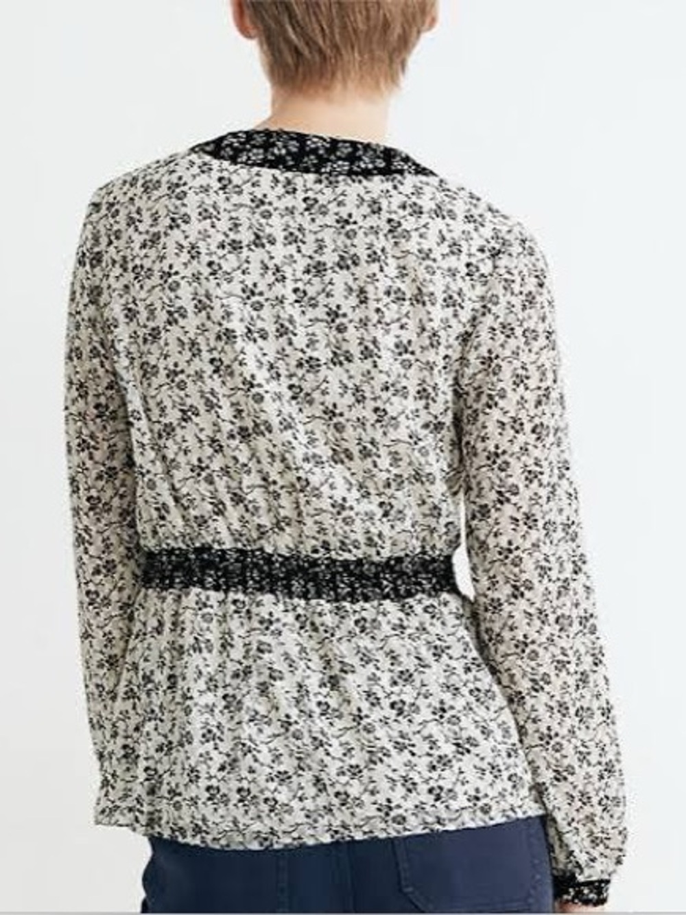 Madewell Clip-dot Branch Floral V-Neck Peplum Top Black White Dainty Monochrome - Picture 4 of 12